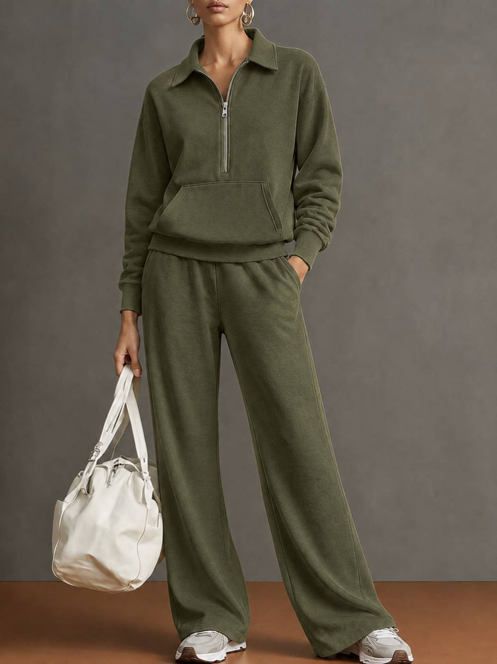 Women Two-Piece Half-Zip Sweatshirt and Wide-Leg Pants Set teemdrop