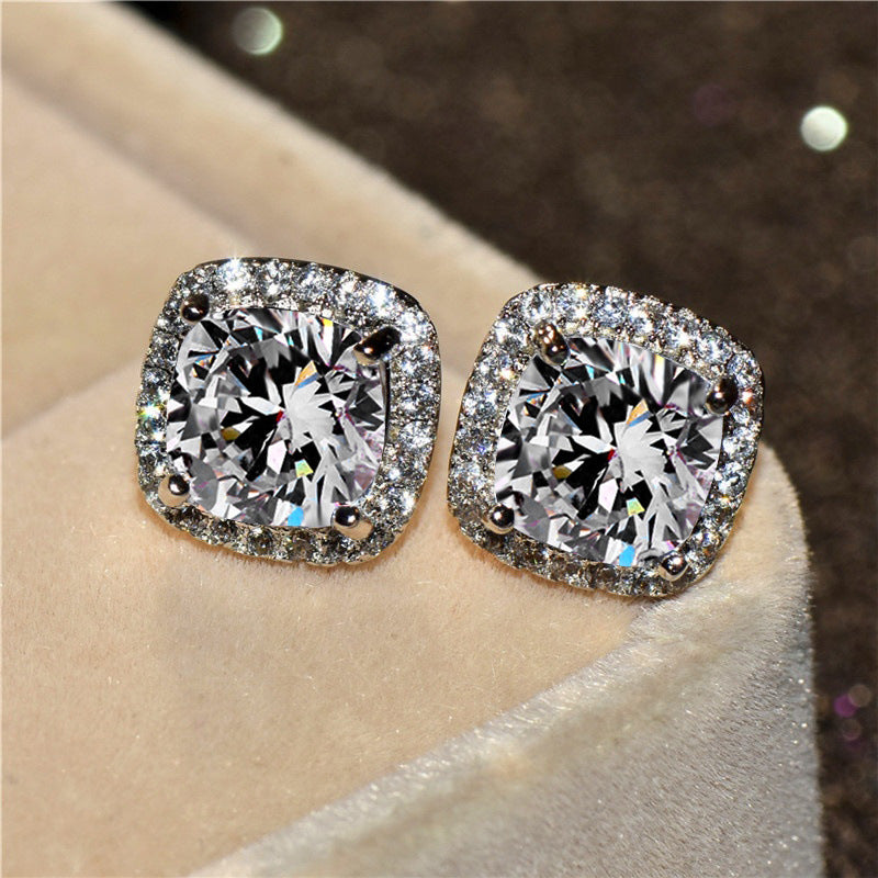 Geometric Full Diamond Zircon Earrings for Women Electroplated Copper Studs