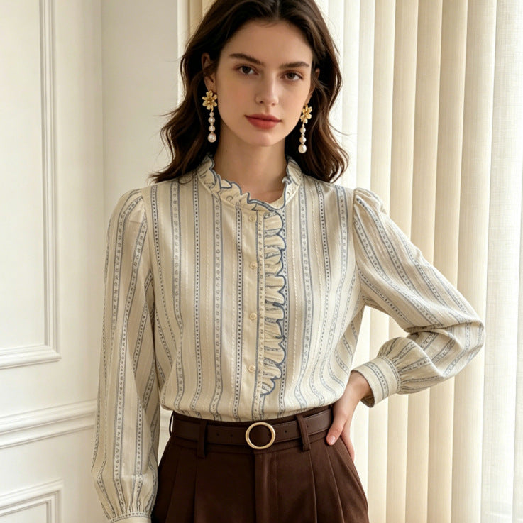 Women's 100% Cotton Ruffled Stand Collar Striped Long Sleeve Blouse teemdrop