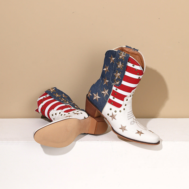 Striped Embroidered Pointed Stud Leather Boots Short Tube