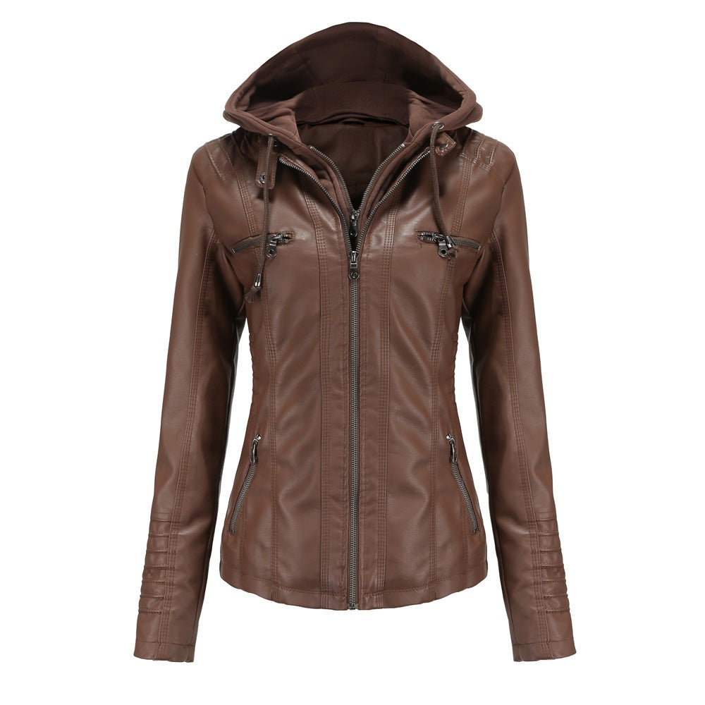 Womens Hooded PU Leather Jacket Two-Piece Set