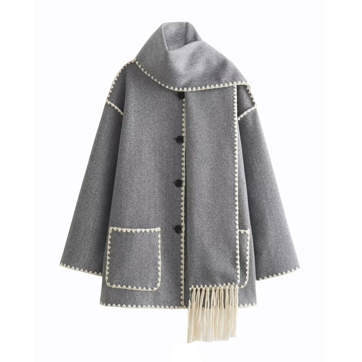 Women's Solid Color Scarf Collar Patchwork Loose Woolen Coat teemdrop