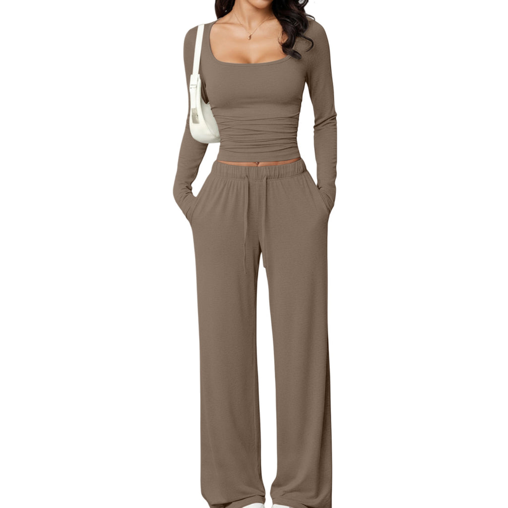 casual pants set with square-neck long-sleeve short top