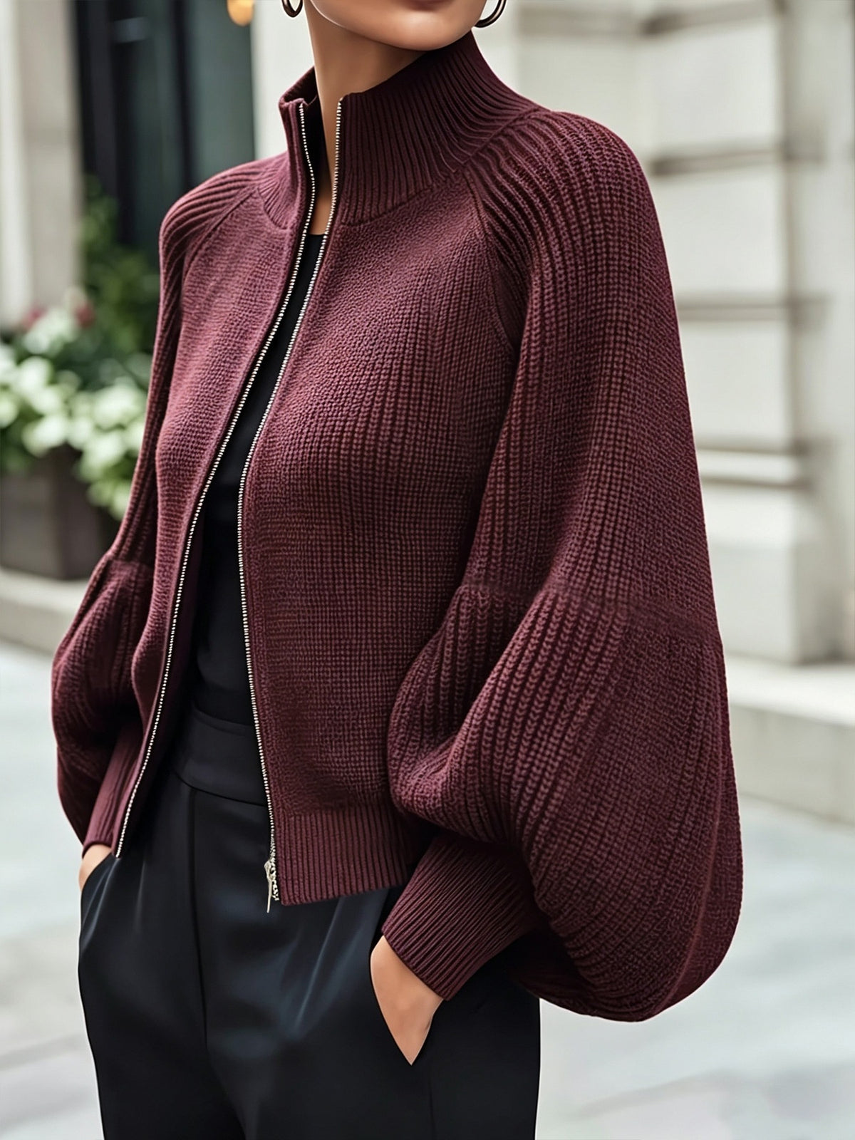 Women's Textured Knit Stand Collar Balloon Sleeve Cardigan teemdrop