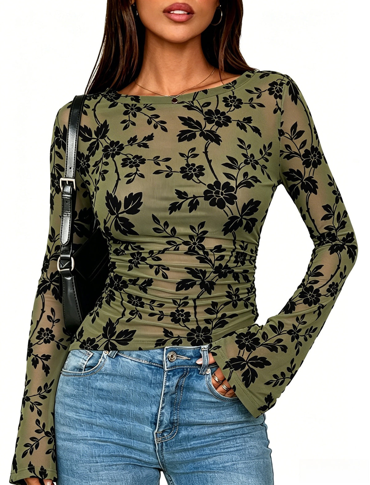 Women's Floral Flocked Mesh Slim Fit Long Sleeve T-Shirt teemdrop
