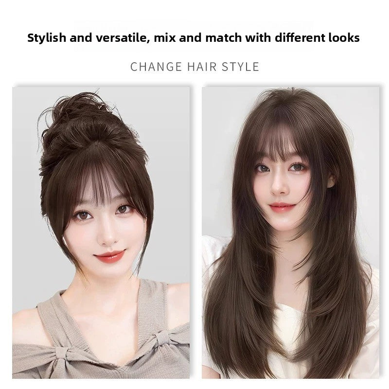 Women Korean Style Layered Long Straight Wig with Air Bangs Natural Look Heat Resistant Fiber Hair teemdrop