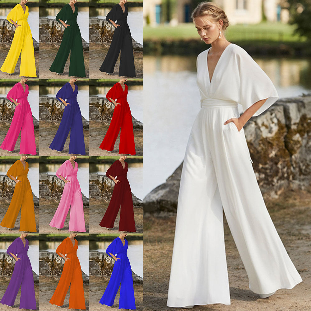 2026 Winter New European and American Foreign Trade Women's Fashion Jumpsuit Amazon Hot-Selling Deep V High-Waisted Wide-Leg Pants