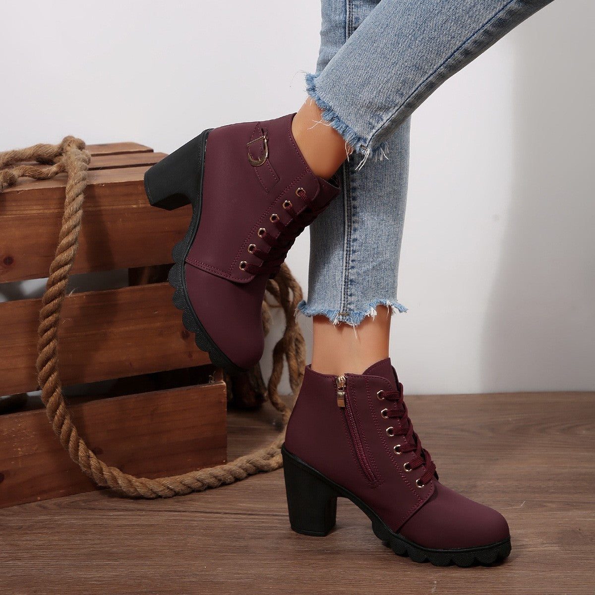 Thick Heel Ankle Boots Round-Toe Lace-Up Martin Boots