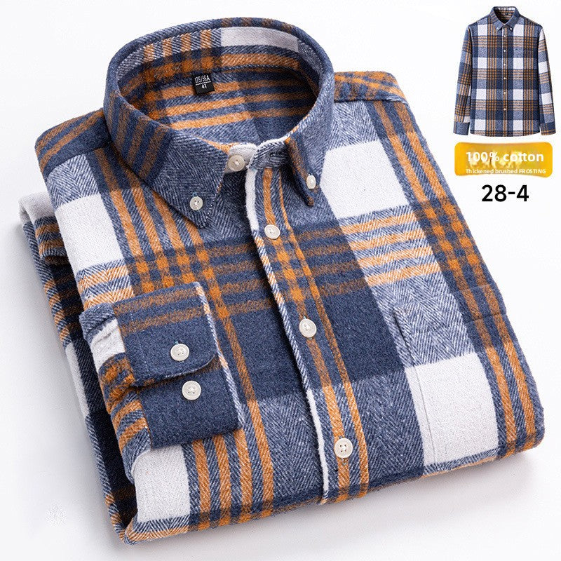 Men's 100% Cotton Thickened Brushed Plaid Long Sleeve Button Down Shirt