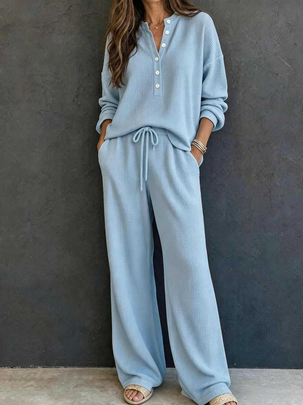 Women's Solid Color Knit Rib Top Straight Pants Set teemdrop