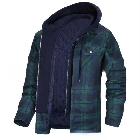 Autumn and Winter Cotton Outwear Plaid Long-Sleeved Loose Hooded Jacket teemdrop