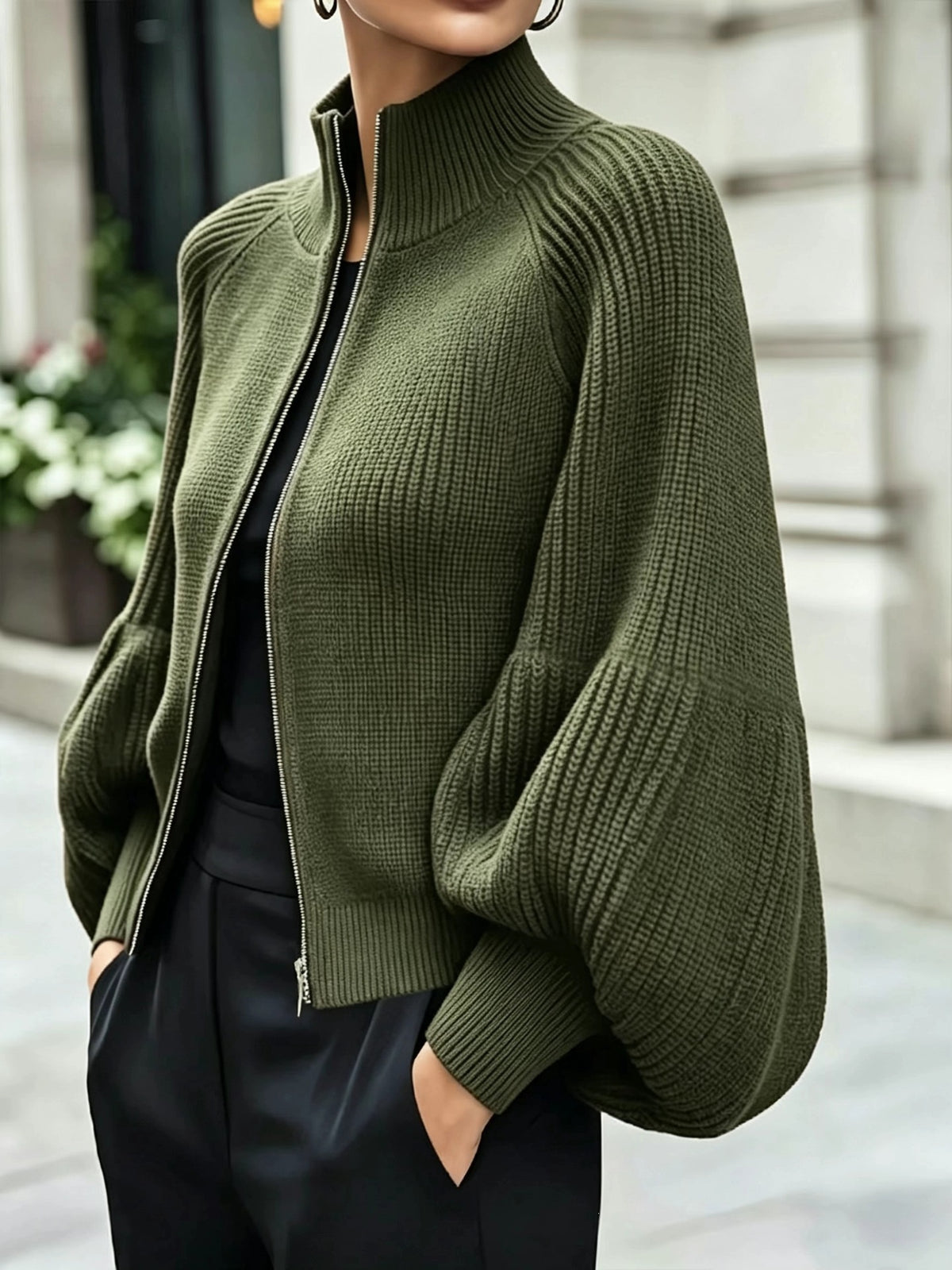 Women's Textured Knit Stand Collar Balloon Sleeve Cardigan teemdrop