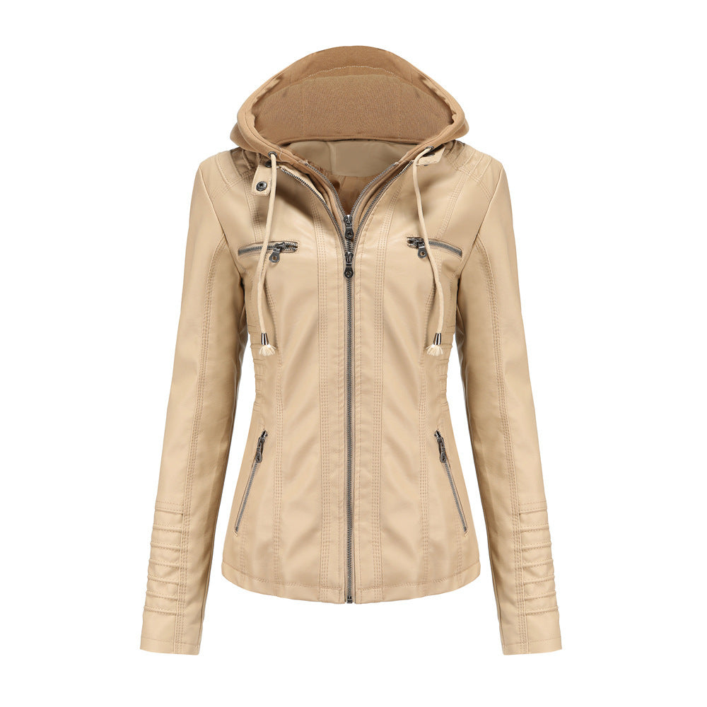 Women's Faux Leather Hooded Jacket Two-Piece Set Slim Fit Long Sleeve teemdrop
