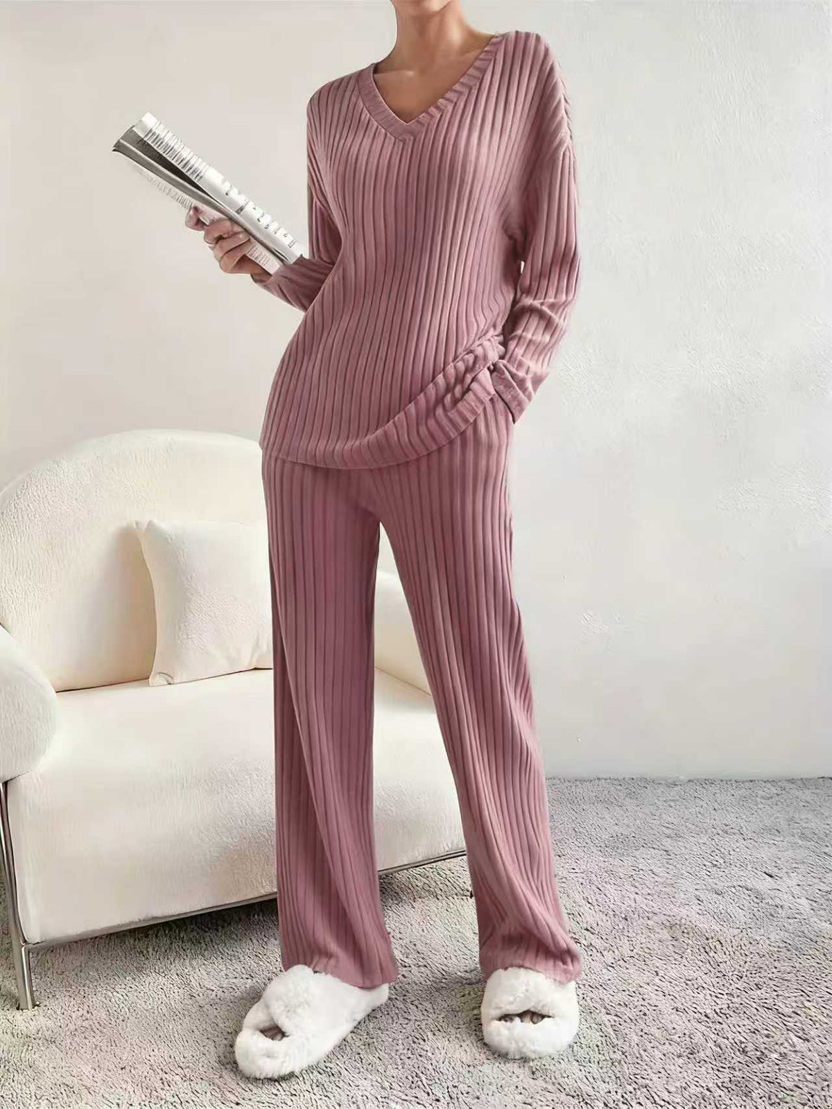 Home Casual Straight Pants Elegant Loose V-neck Pit Two-piece Set