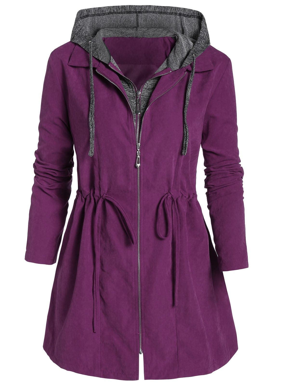 Women's Long Sleeve Double Zipper Hooded Trench Coat teemdrop