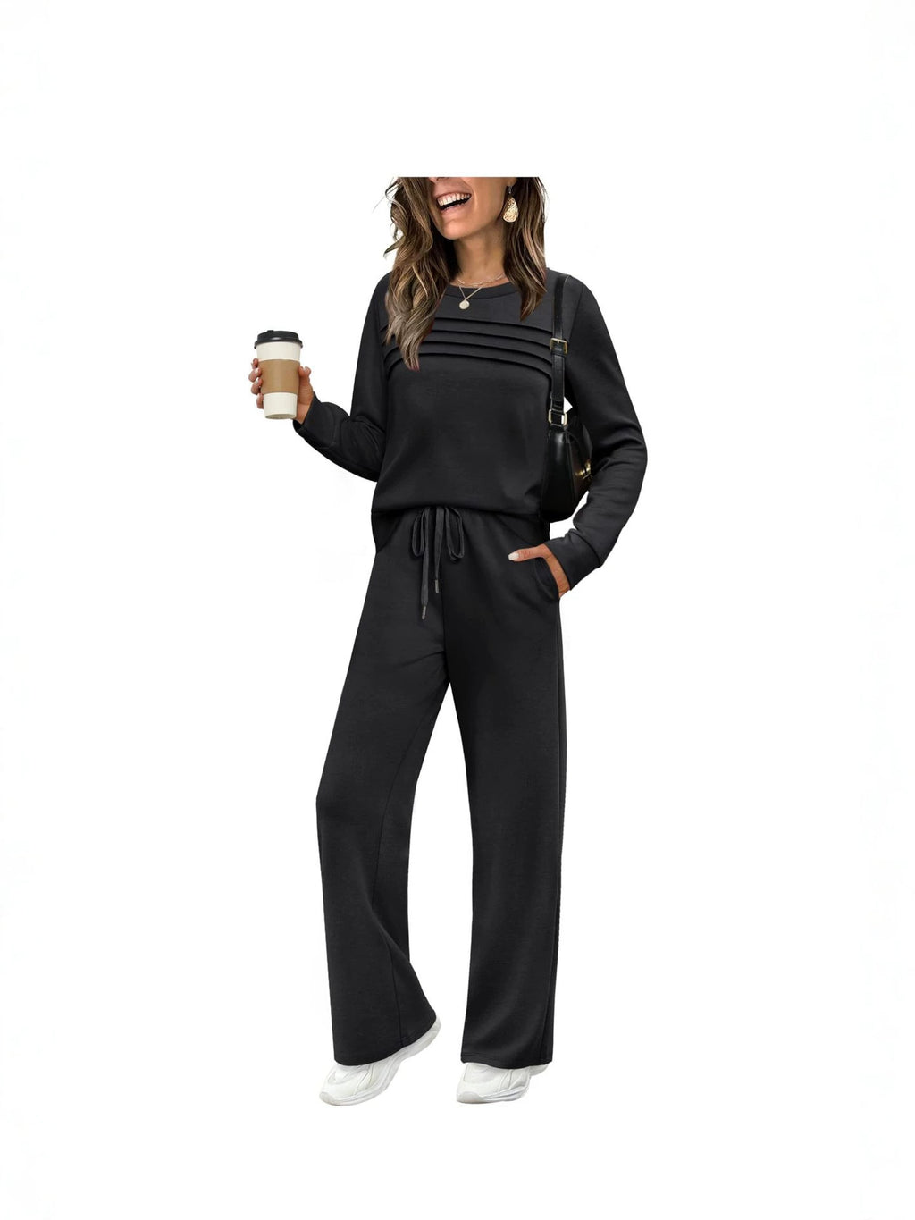 Women's Solid Color Two-Piece Set Pleated Sweatshirt and Wide-Leg Trousers Casual Knit Suit teemdrop