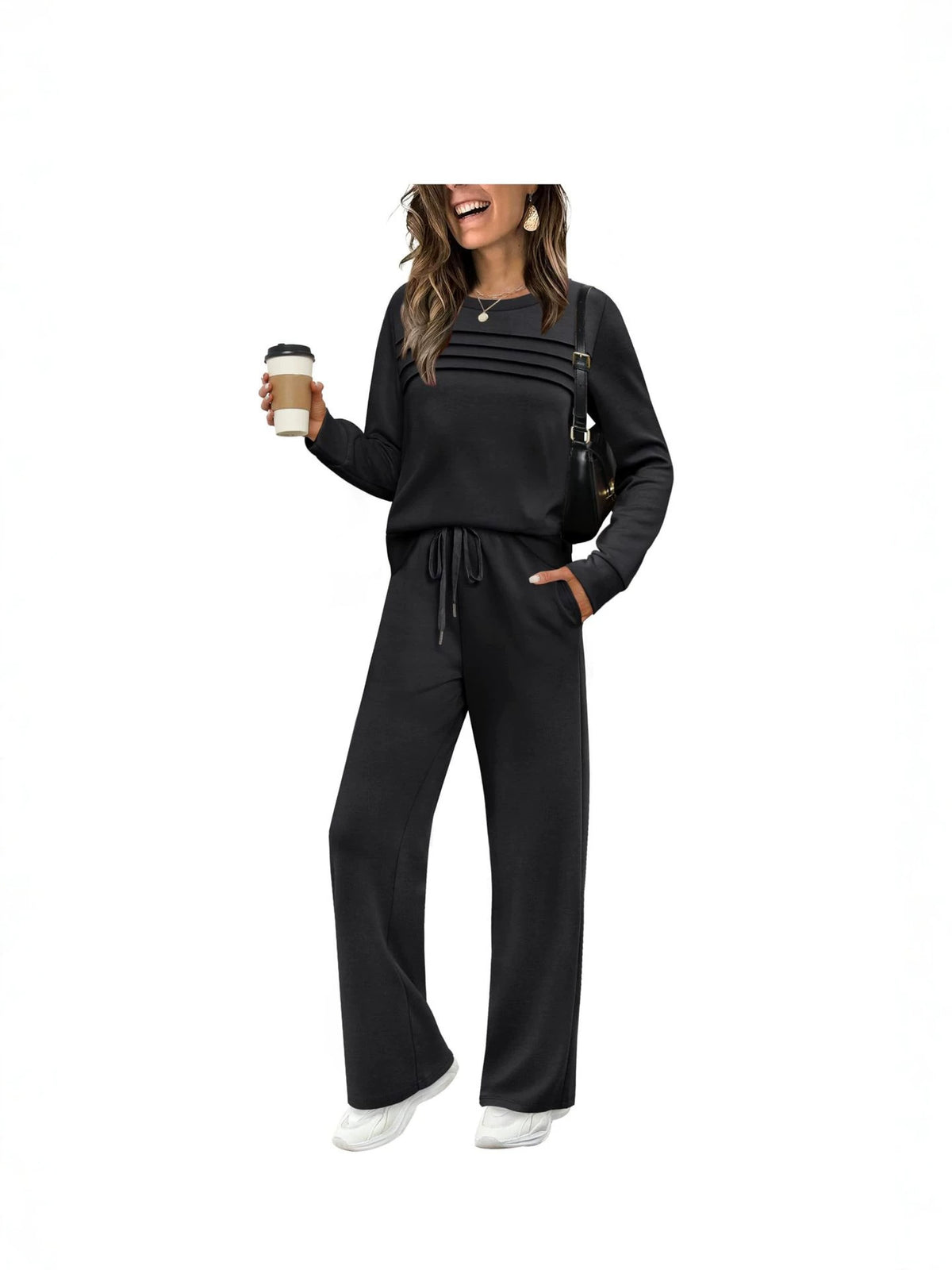 Women's Solid Color Two-Piece Set Pleated Sweatshirt and Wide-Leg Trousers Casual Knit Suit teemdrop