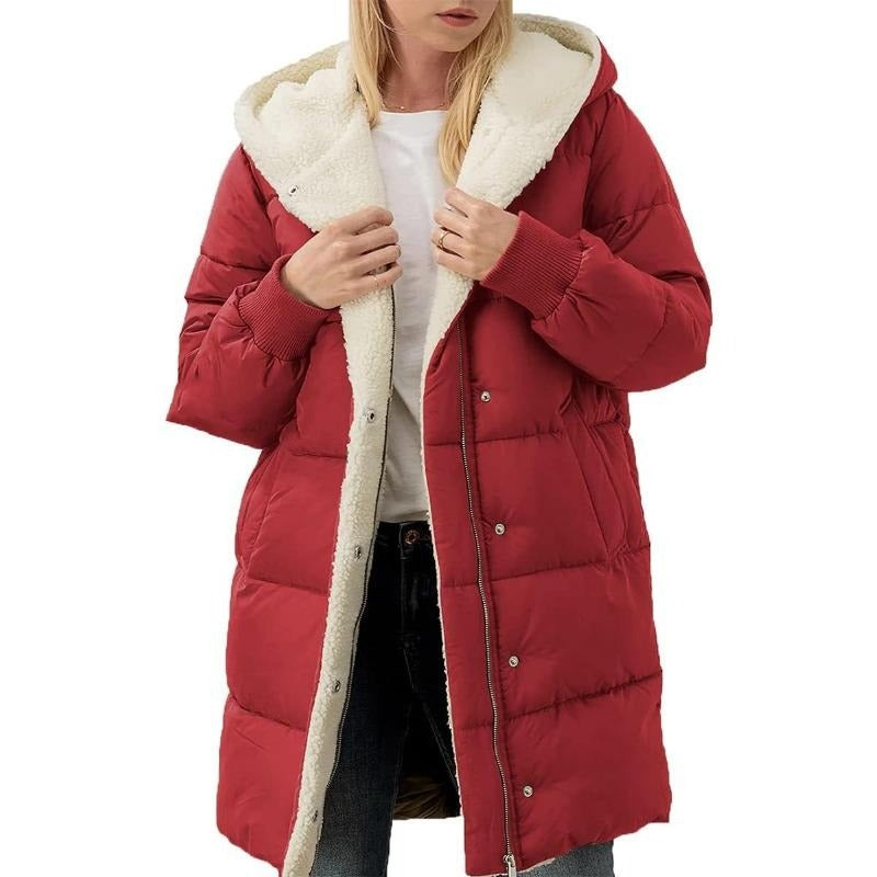 Solid color hooded cotton-padded jacket long-sleeved double-sided velvet slim-fit elegant cardigan teemdrop
