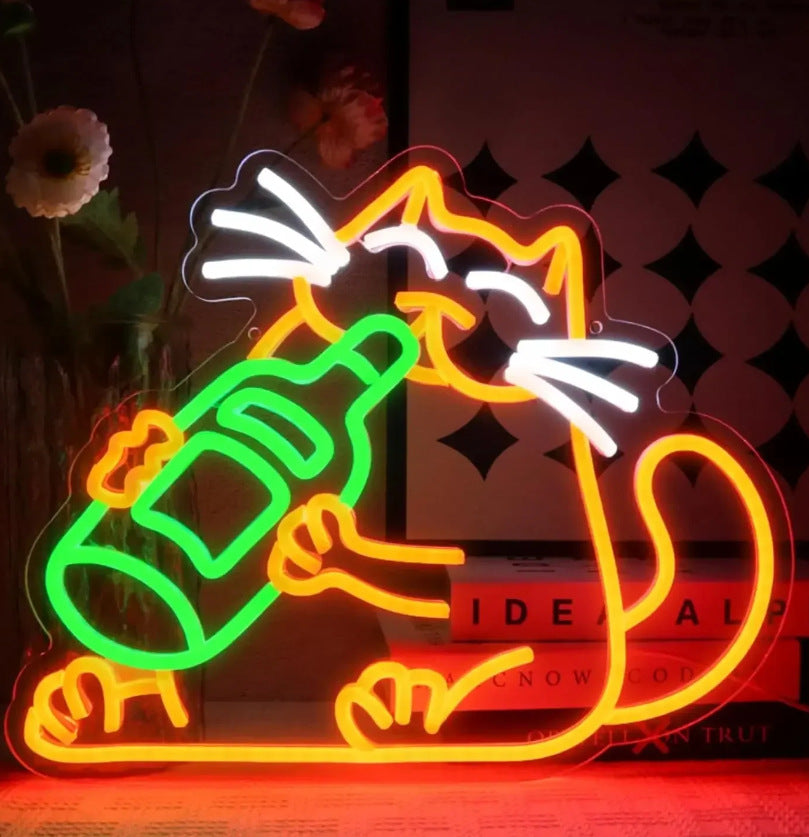 USB Dimmable LED Neon Sign, Cat Eating Noodles Light, Acrylic Animal Shaped Nightlight for Home Decor teemdrop