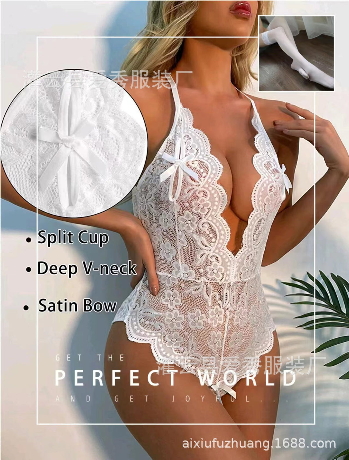Women's Floral Lace One-Piece Open Crotch Backless Lingerie Bodysuit