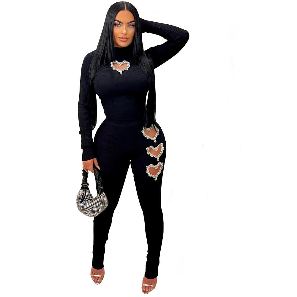 Women's Heart-Shaped Detail Solid Color Two-Piece Pants Suit teemdrop