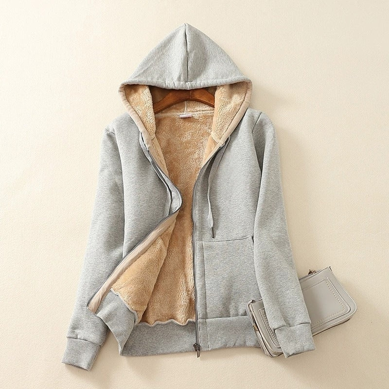 Women's Fleece-Lined Lamb Wool Zip-Up Hooded Cardigan teemdrop