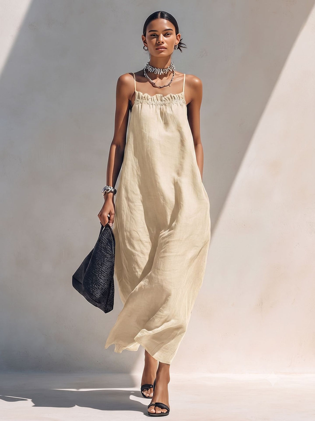 Women's One-Shoulder Sleeveless Smocked Long Dress teemdrop