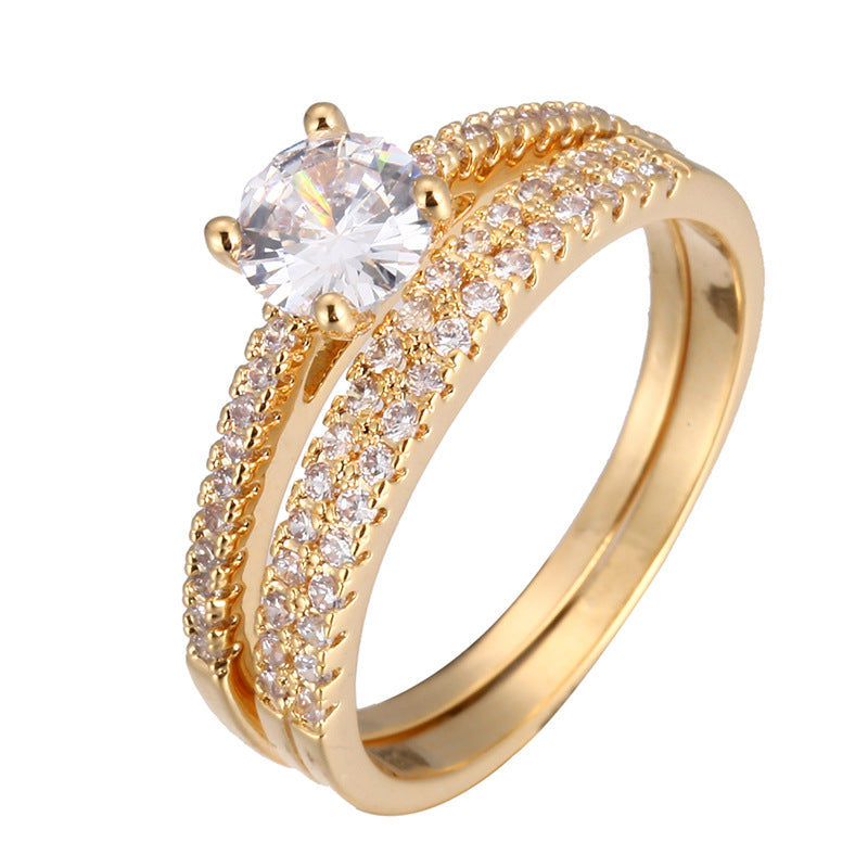 Geometric Zircon Couple Ring Set Gold Plated Copper Jewelry