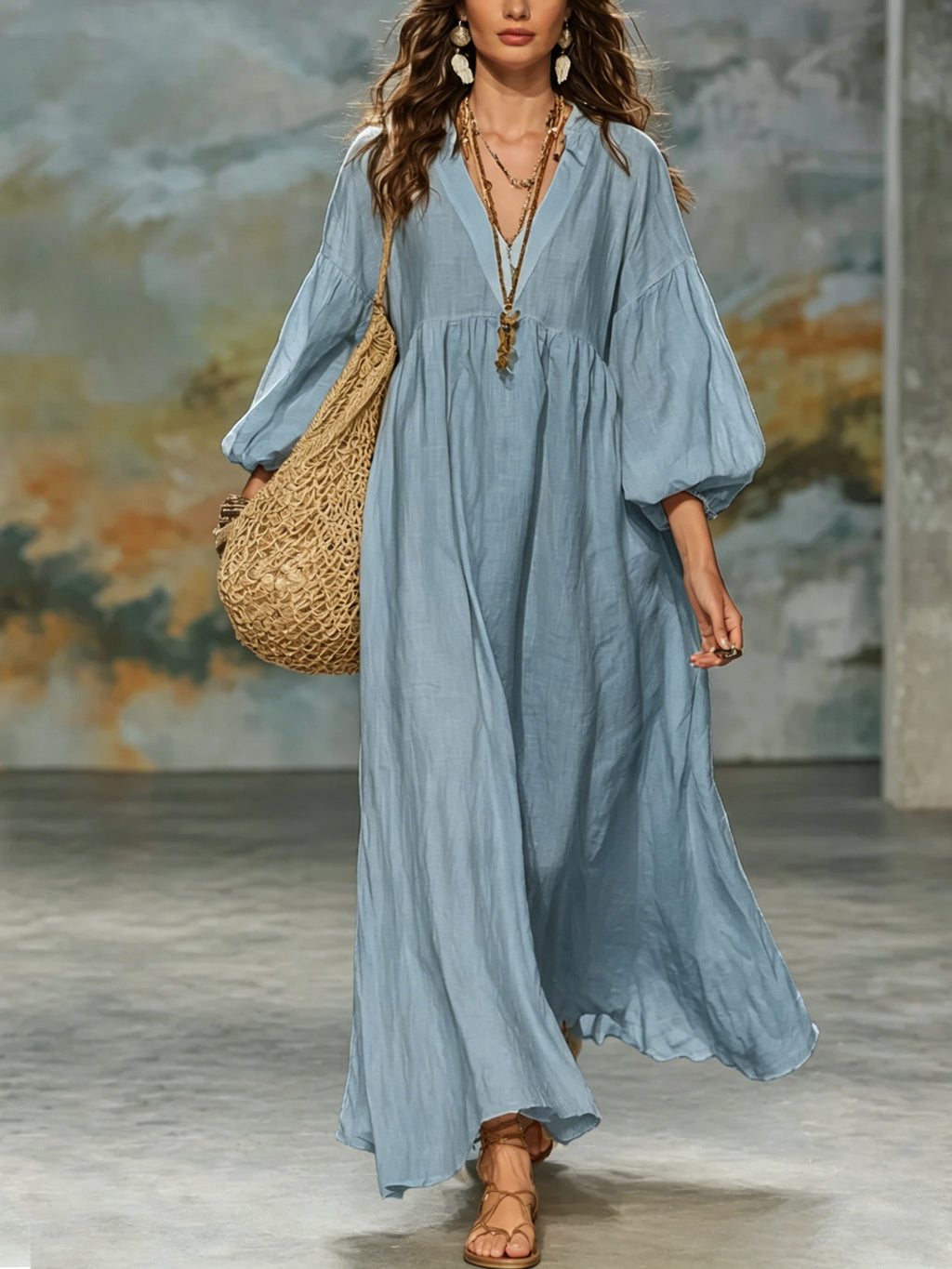 dress women's cotton and linen deep V lantern sleeves teemdrop