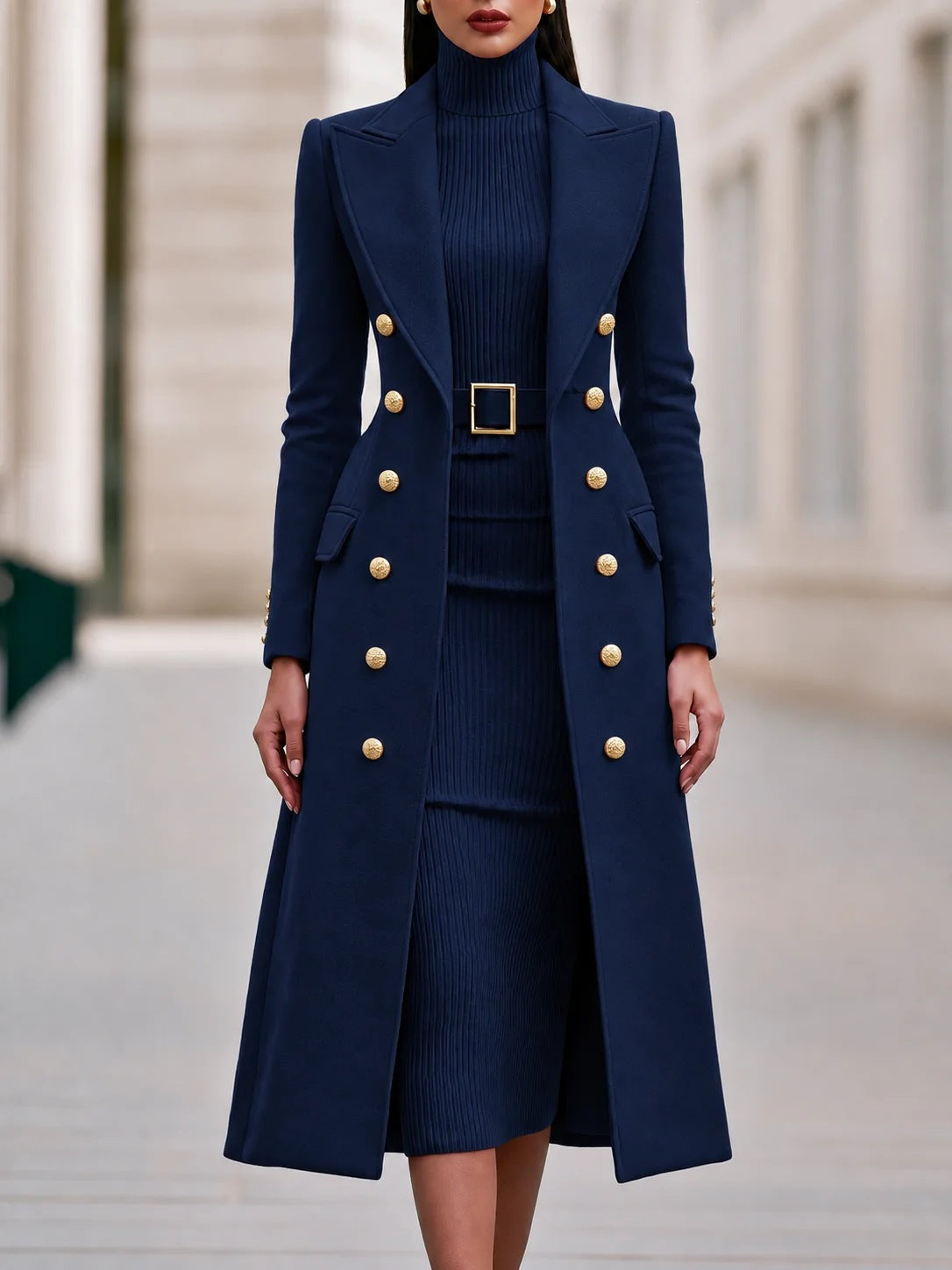 Women's Double-Breasted Woolen Coat and Knitted Dress Two-Piece Set teemdrop