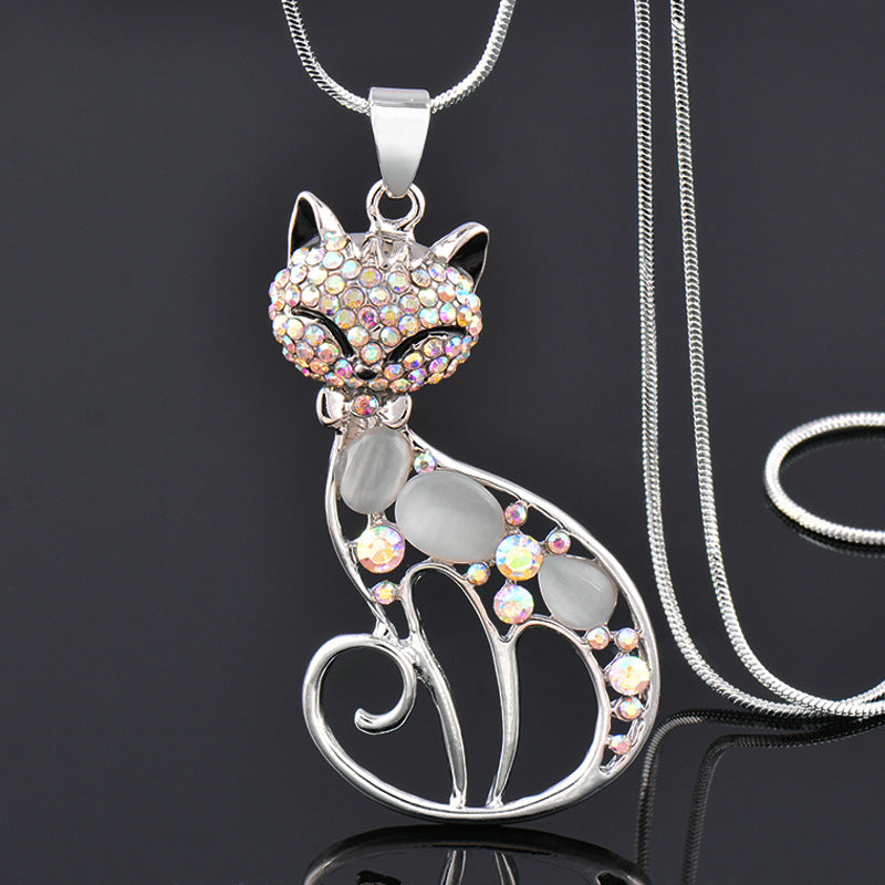 Cute Crystal Rhinestone Cat Eye Stone Animal Pendant Chain Necklace