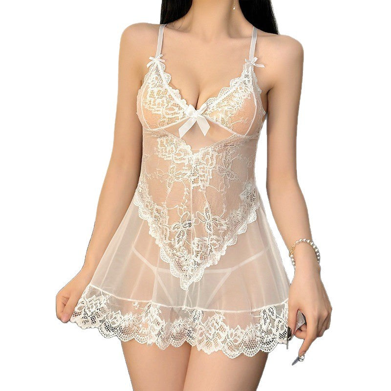 Women Sexy Lace Suspender Bow Mesh Hollow Out Nightgown Home Wear Sleepwear teemdrop