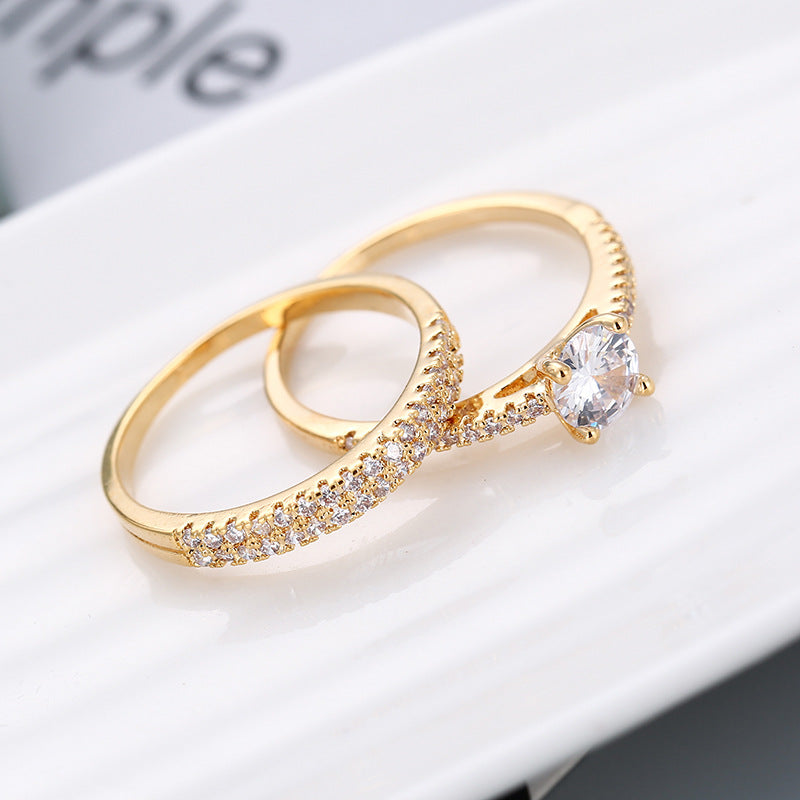 Geometric Zircon Couple Ring Set Gold Plated Copper Jewelry