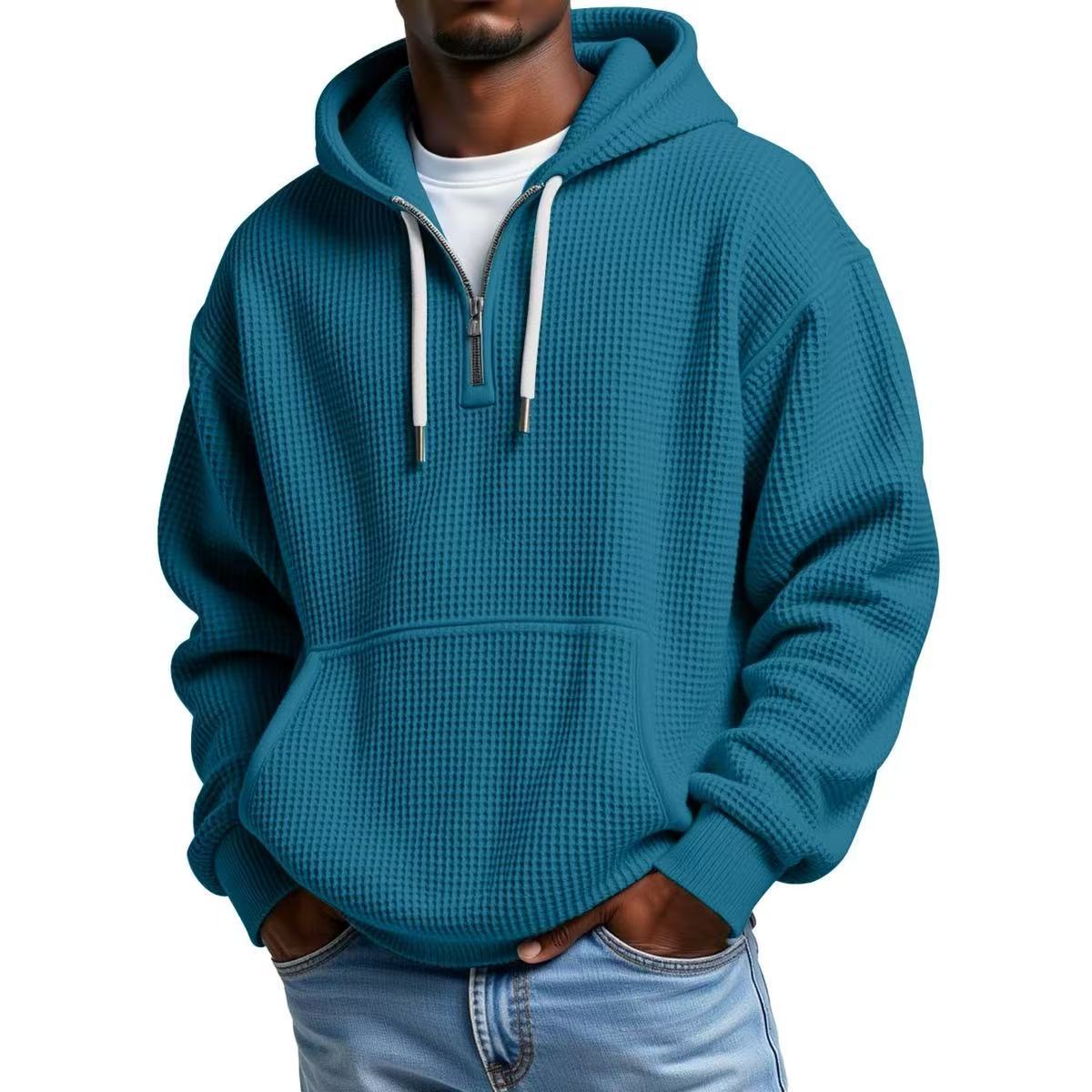 Men?s Heavyweight Waffle Knit Zip-Up Hooded Long Sleeve Loose Fit Casual Sweatshirt teemdrop