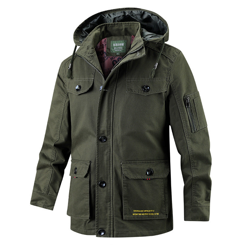 Men's cotton casual jacket with hood and stand-up collar, long and full-length coat