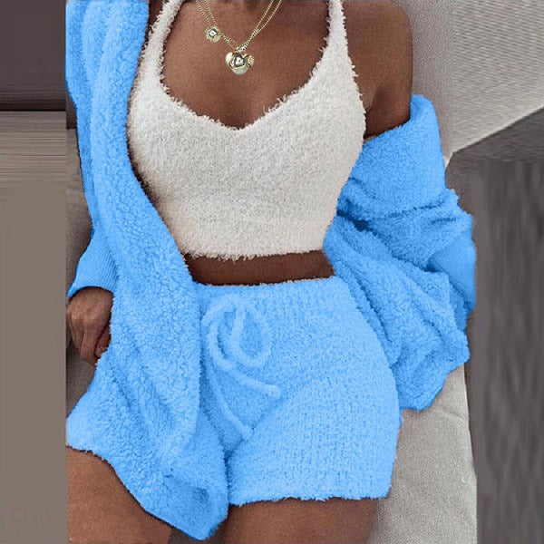 Women's Plush Three-Piece Long Sleeve Vest Shorts Track Set teemdrop