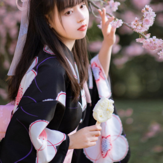 Womens Traditional Retro Japanese Camellia Print Kimono Dress with Girdle and Fan Headdress Set teemdrop
