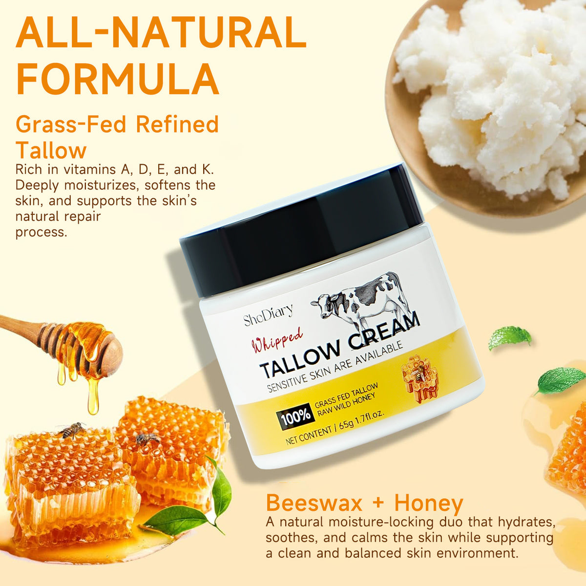 Beef Tallow Deeply Moisturizing and Repairing Face Cream 65g for All Skin Types teemdrop