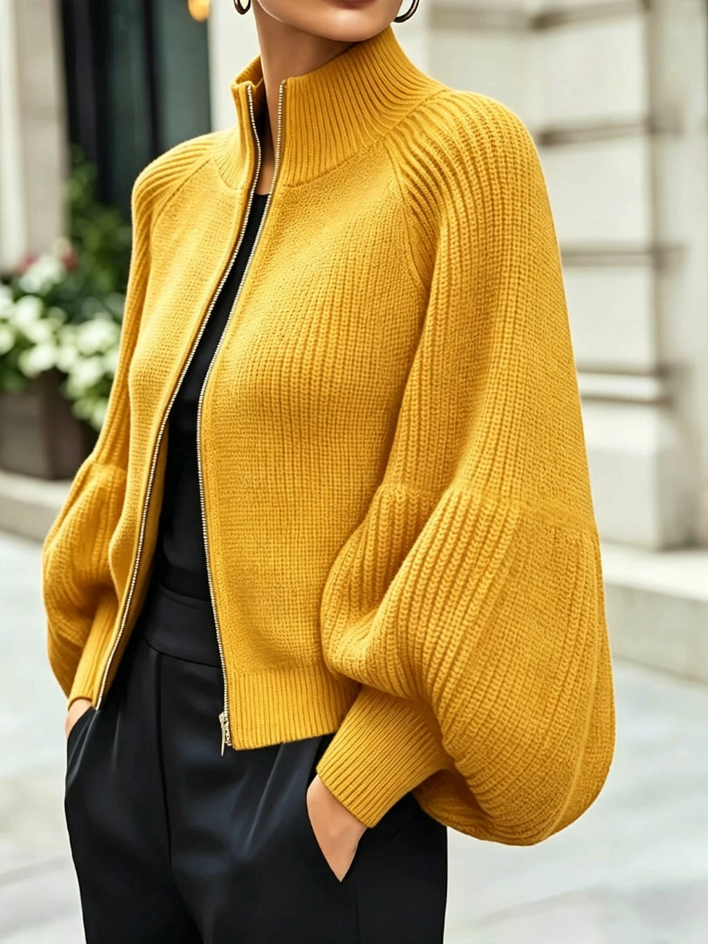 Women's Textured Knit Stand Collar Balloon Sleeve Cardigan teemdrop