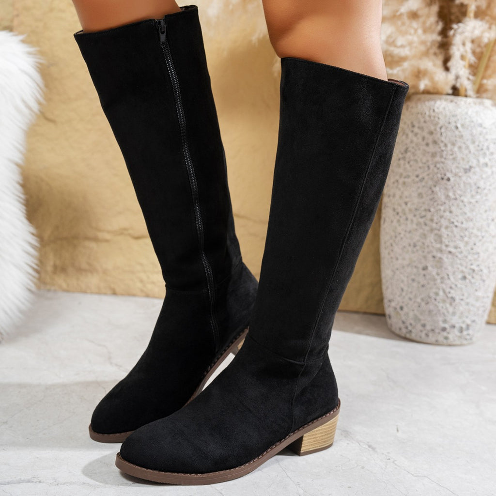 Velvet-textured pointed-toe, chunky heel, knee-length over-the-knee women's boots