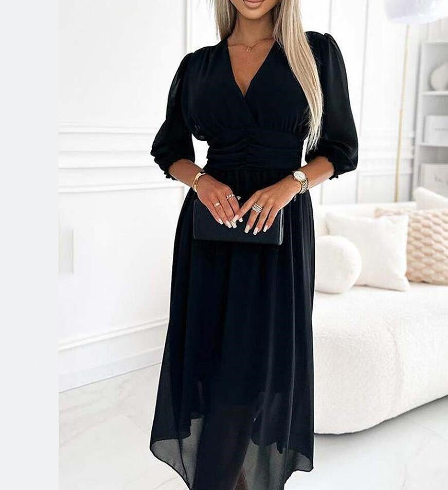 Women's Slim-Fit Flared Sleeve V-Neck Chiffon Mid-Length Dress