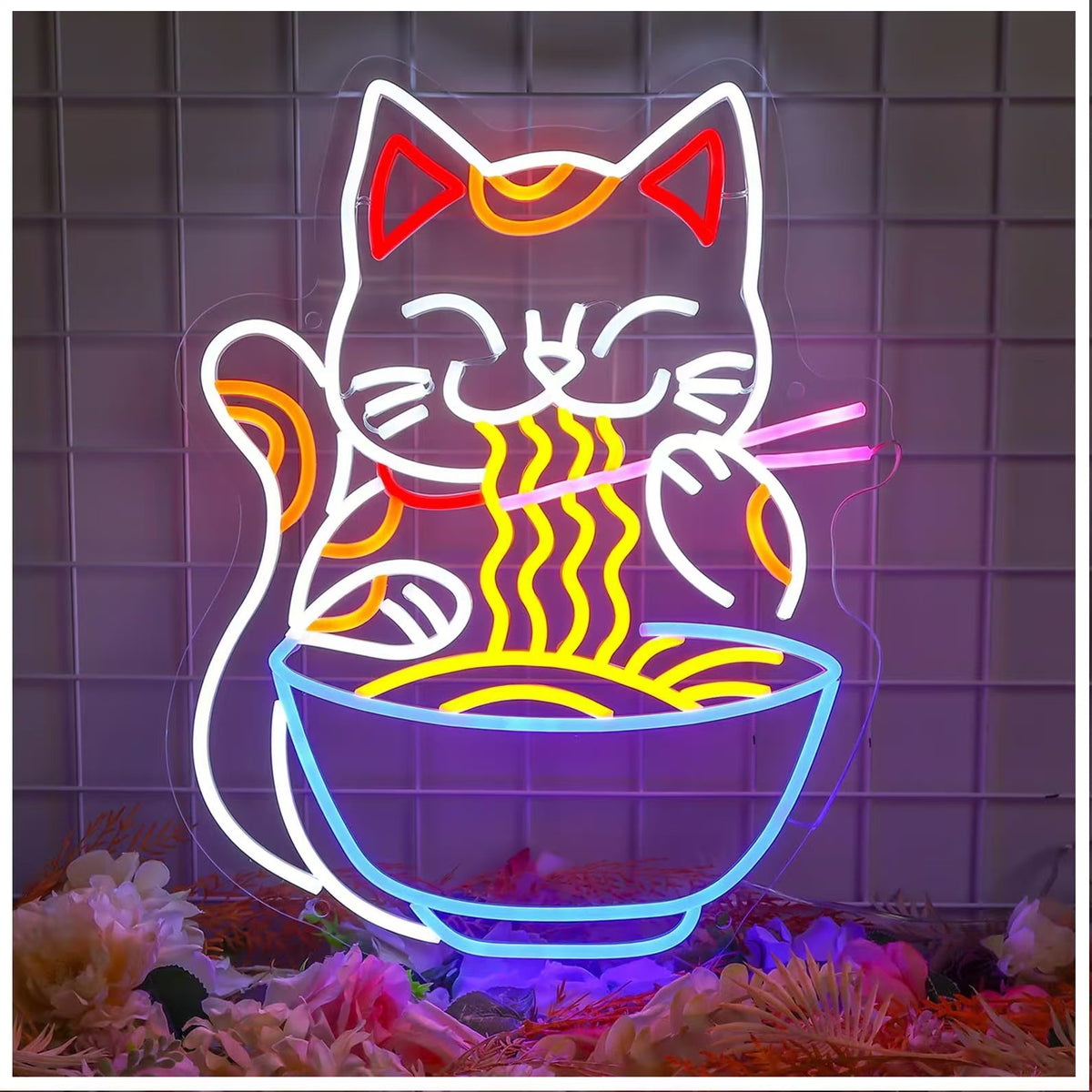 USB Dimmable LED Neon Sign, Cat Eating Noodles Light, Acrylic Animal Shaped Nightlight for Home Decor teemdrop
