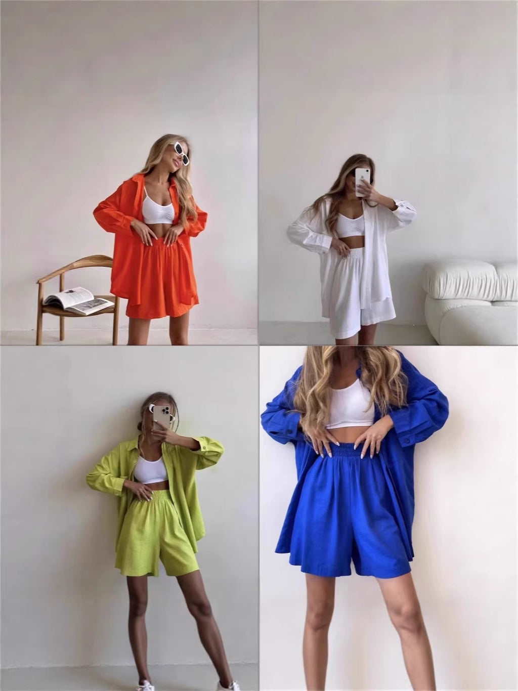 Women's Solid Lapel Shirt and High-Waist Shorts Casual Two-Piece Set teemdrop