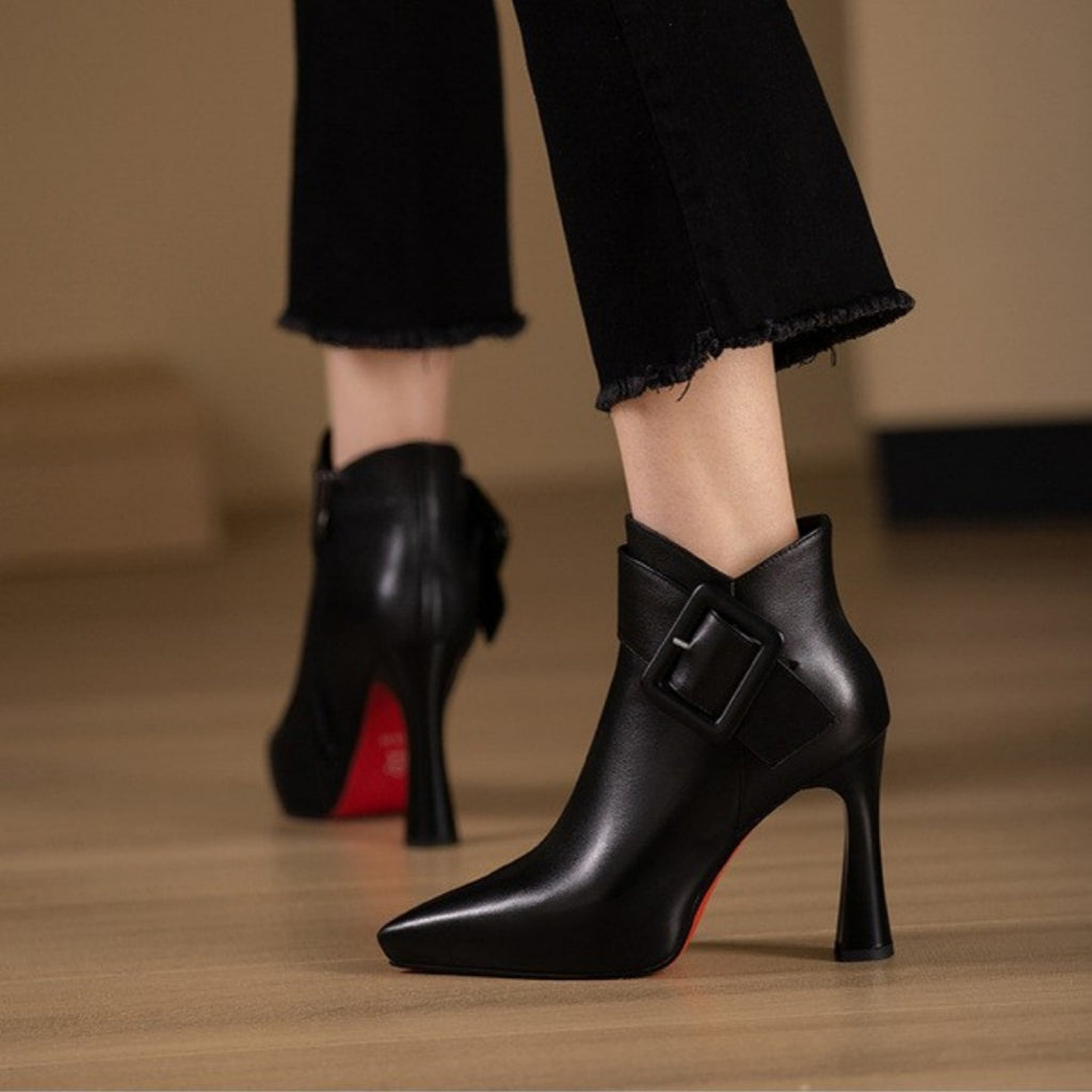 Women's PU Leather Thick Heel Platform Mini Boots with Side Zipper teemdrop