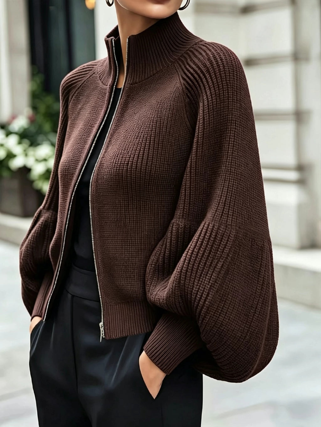 Women's Textured Knit Stand Collar Balloon Sleeve Cardigan teemdrop
