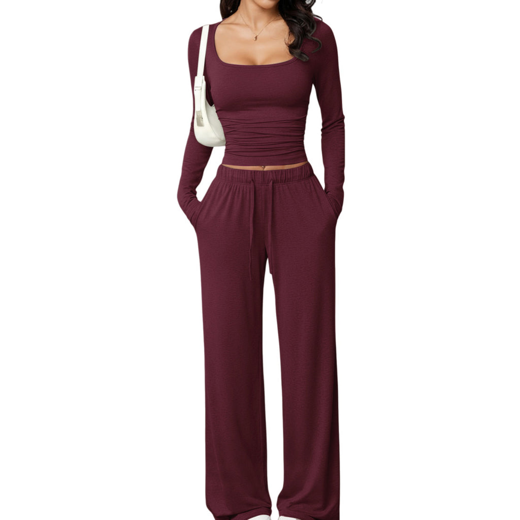 Women's Square Neck Long Sleeve Tracksuit Set