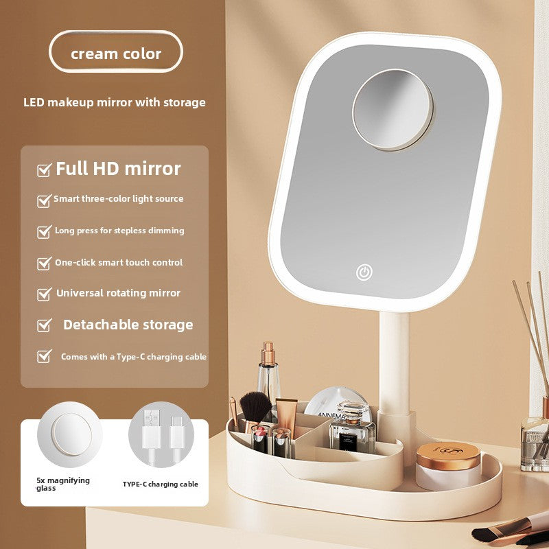 Three-Color Lighting Foldable Makeup Mirror with 5X Magnification Detachable Lens teemdrop