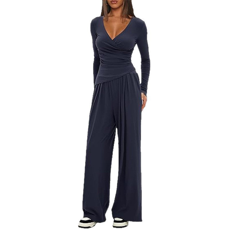 Women's Solid Color Knit V-Neck Long Sleeve Top and Wide Leg Pants Two-Piece Set teemdrop