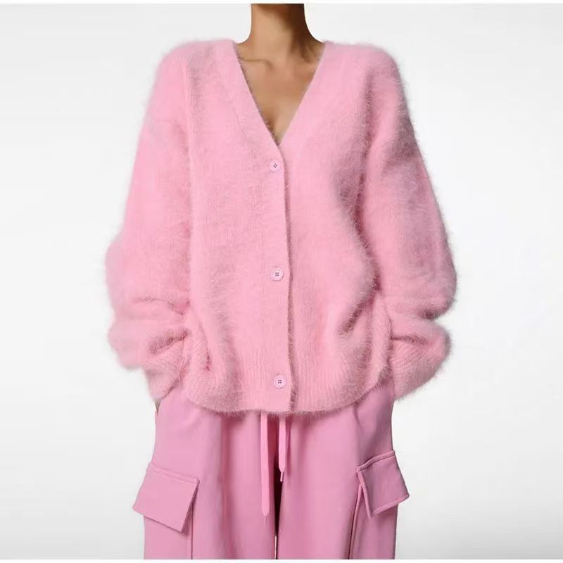 Women's Faux Fur Knitted Cardigan V-Neck Loose Long Sleeve Outerwear teemdrop
