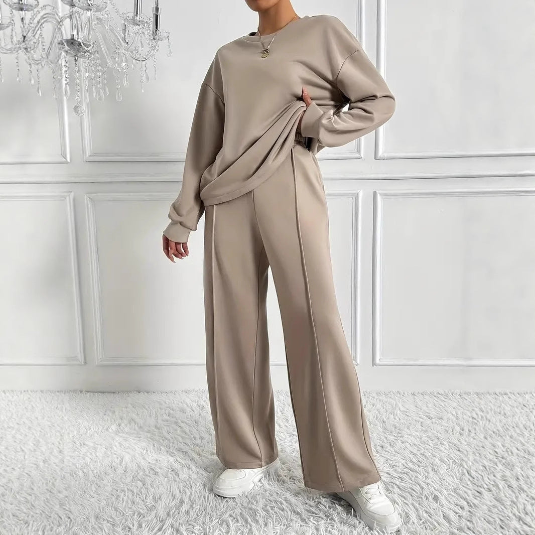 Women's Solid Color Round Neck Long Sleeve Pants Suit Casual Two-Piece Set teemdrop